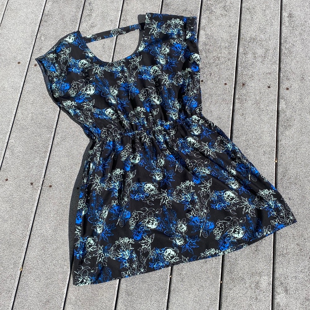 Black Dress with Blue Floral Designs